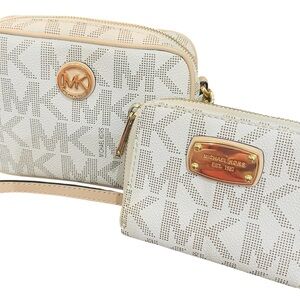 Michael Kors White and Beige MK Logo Crossbody Wallet Set
